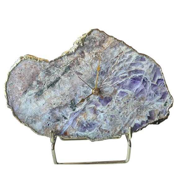 Amethyst Slab Desk or Wall Clock With Gold Edges & Detachable Stand 6.5”TX9.75” - Picture 1 of 12